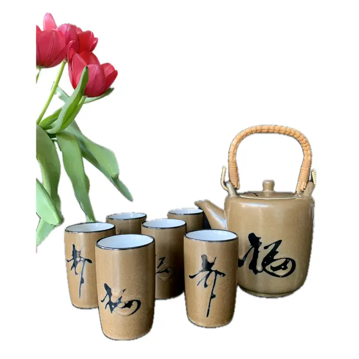Vintage Japans theeservies - theepot + 6 hoge kommetjes